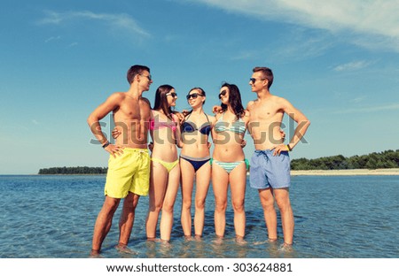 friendship, sea, summer vacation, holidays and people concept - group of smiling friends wearing swimwear and sunglasses talking on beach