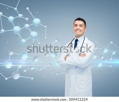chemistry, biology, people and medicine concept - smiling male doctor in white coat over molecule formula on gray background