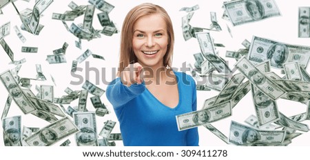 business, money, finance, people and banking concept - smiling woman with dollar cash money pointing finger on you