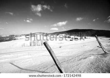 A barbed wire fence in winter against a snow covered landscape makes a striking composition.