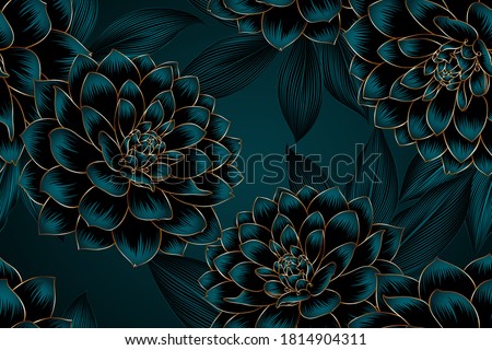 Luxurious vintage seamless pattern with golden flowers dahlia and leaves.