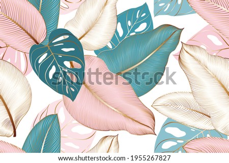 Vintage luxury seamless floral background with tropic exotic golden leaves. Romantic pattern template for wall decor, wallpaper, wedding invitations, ceremonies, cards.