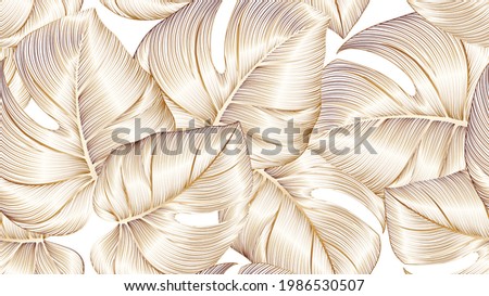 Luxury seamless floral background with golden monstera leaves. Romantic pattern template for wall decor.