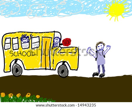 Child's drawing of taking the bus to school
