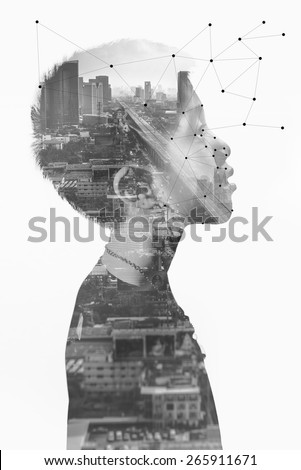 Black and white image the boy with cityscape background (Conceptual Surreal Style)