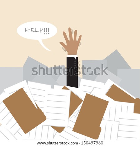 Businessman under a lot of document and call for help