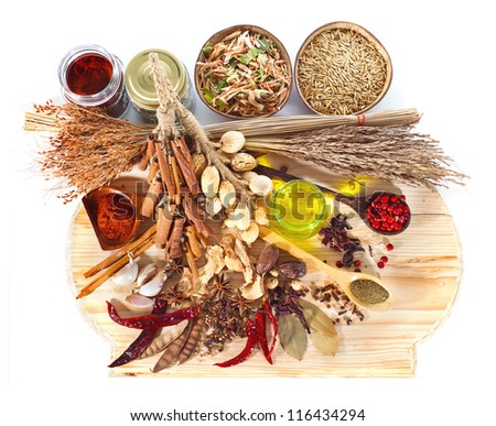 Spices assortment isolated on white background.