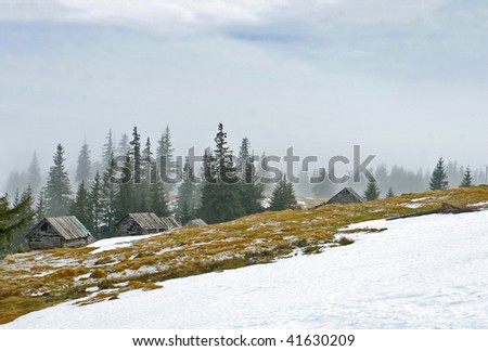 Mountain scenery with cabins snow and fir tree forest.