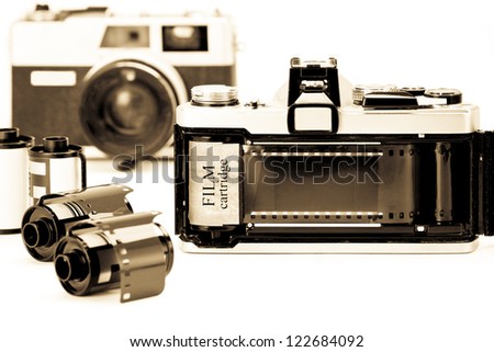 The 35mm camera with film opened back side.