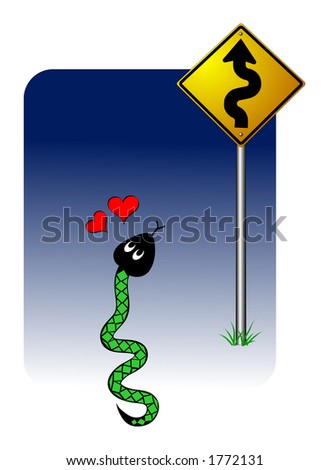 Vector illustration of a snake in love with a curves ahead sign.