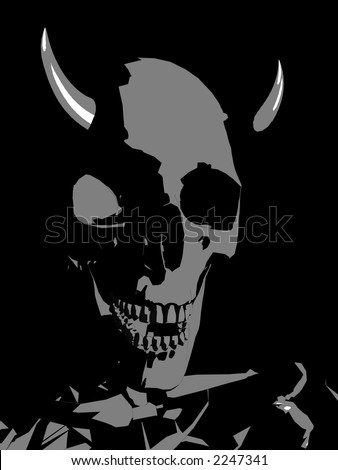 Illustration or a sinister skull with horns against a deep black background.