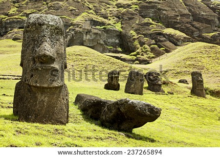 Moais in Rapa Nui National Park on the slopes of Rano Raruku volcano on Easter Island, Chile.