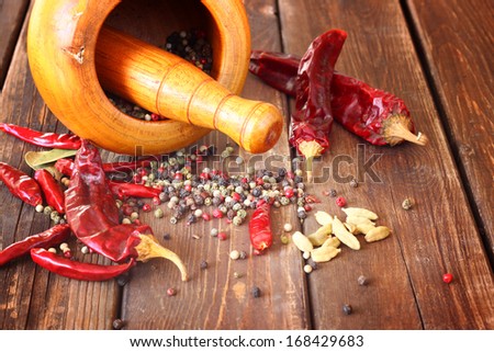 mortar and pestle with red hot peppers and bay leaf