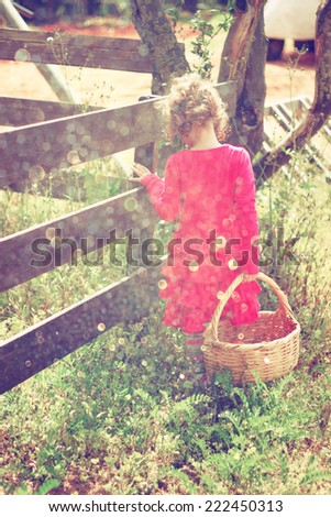 cute girl walking in field with basket and warm sunset light.abstract and dreamy concept. image is textured and retro toned
