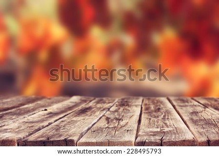 wooden rustic boards in front of vineyard background in autumn. ready for product display.
