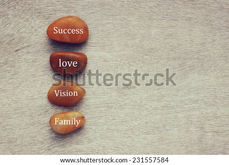 River stones with words written on them. love, and family concept