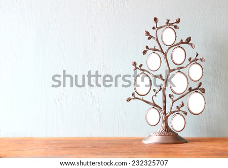 Image of vintage antique classical frame of family tree on wooden table