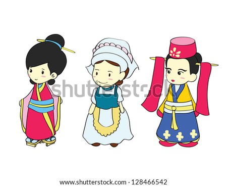 Girls In Traditional Costume Of Asian Country , Cartoon Vector ...