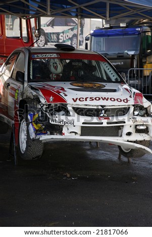 Damaged Mitsubishi Rally Car in Service Area - Wales Rally GB 2008