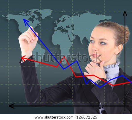 Business success growth chart. Business woman drawing graph showing profit growth on virtual screen.  businesswoman isolated on white background in suit.