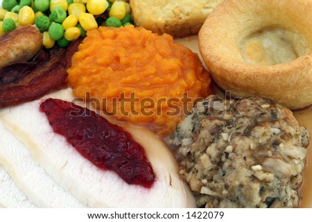 Sunday roast - Thanksgiving celebration dinner, consisting of chicken or turkey, cranberry sauce, pumpkin, stuffing, yorkshire pudding, sausage and gravy. Macro, close up