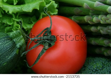healthy groceries, asparagus, cherry tomato and vegetables isolated on white