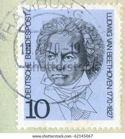 GEMANY - CIRCA 1970 A vintage German used postage stamp showing portrait of German composer and pianist Ludwig van Beethoven with inscription \