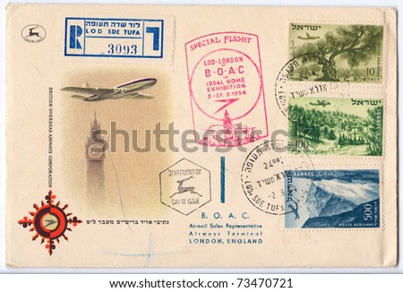 ISRAEL - CIRCA 1954: An old used Israeli envelope (campaign poster) and stamp issued in honor of the Special Flight Lod - London showing pictures of Big Band and Israeli aircraft, series, circa 1954