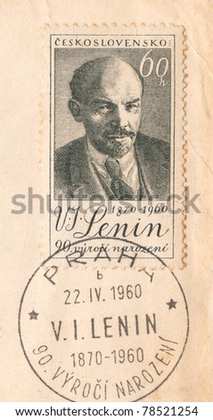 CZECH REPUBLIC - CIRCA 1960: An old used Czechoslovakian envelope and stamp issued in honor to the 90th anniversary of Vladimir Lenin with inscription \