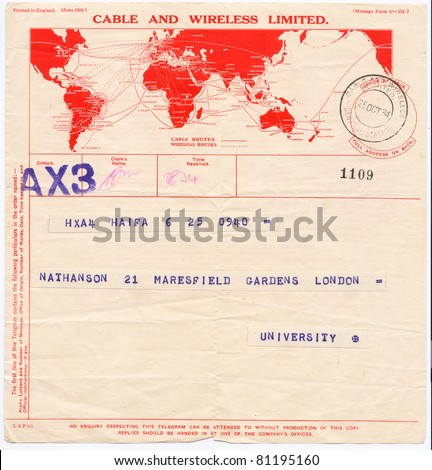 ISRAEL - CIRCA 1934: An old printed in England telegram form (campaign poster) sent from Haifa to London showing red map of the world with inscription \