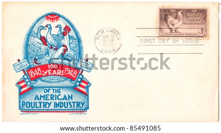 USA - CIRCA 1948: An old used United States of America envelope (campaign poster) and stamp issued in honor of the 100th Anniversary  of the American Poultry Industry, series, circa 1948