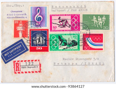 GERMANY - CIRCA 1976: An old used German envelope and stamps issued in honor of the 1976 Olympic Games; series; circa 1976