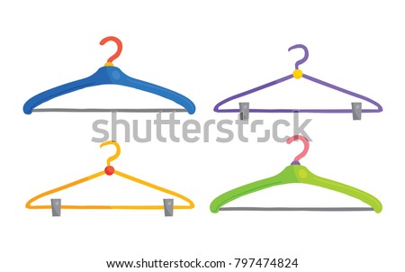 Vector cartoon illustration of 4 colorful clothes hangers isolated against white background