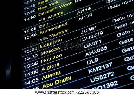 LONDON, HEATHROW - OCTOBER 3: Departures display board at airport terminal showing international destinations flights to some of the world\'s most popular cities in Heathrow, London on October 3, 2013.