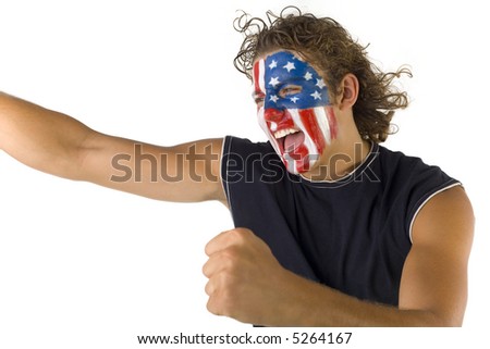Young screaming fan with painted The USA flag on face. He's on white background.