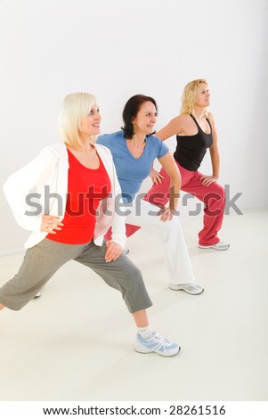 A group of elder women. They\'re exercising.