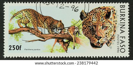 REPUBLIC OF BURKINA FASO - CIRCA 1996: A stamp printed in BURKINA FASO shows image of Rare beast Leopard (Panthera Pardus), circa 1996