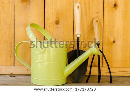 Garden tools with watering can, trowel, and hand cultivator on wood background.