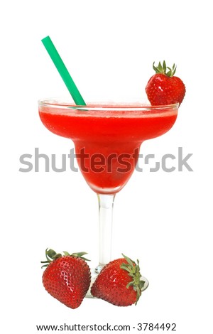 Frozen strawberry margarita with strawberries and straw.  Isolated on white background.