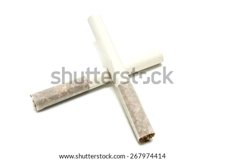 two cigarette without filter on white background closeup