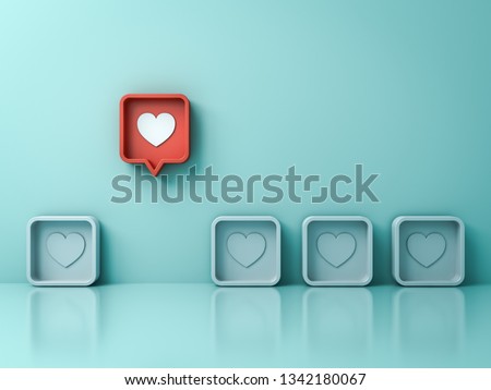 Stand out from the crowd and different creative idea concept One red 3d social media notification Love like heart icon pin pop up from others on light green pastel color wall background 3D rendering Photo stock © 