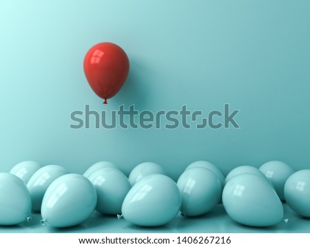 Stand out from the crowd and different creative idea concepts One red balloon floating above other blue balloons over green blue pastel color wall background with reflections and shadows 3D rendering Photo stock © 