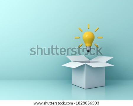 Think outside the box concept bright yellow idea bulb floating outside the white cardboard box isolated on light green blue pastel color background with shadow 3D rendering