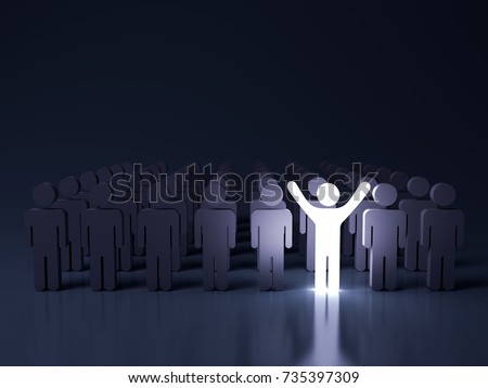 Stand out from the crowd and different creative idea concepts , One glowing light man standing with arms wide open among other people in the row on dark blue background with reflection . 3D rendering. ストックフォト © 