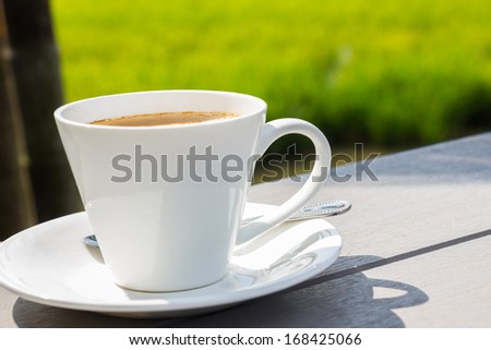 Coffee on wood bench with green field background