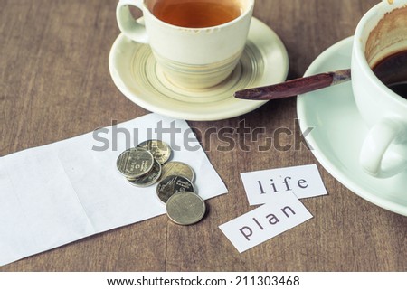 Life and plan on piece of paper, concept for planning life during coffee break