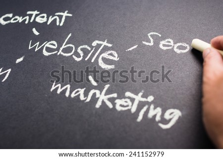 Hand pointing at SEO word of Website Creation concept on chalkboard