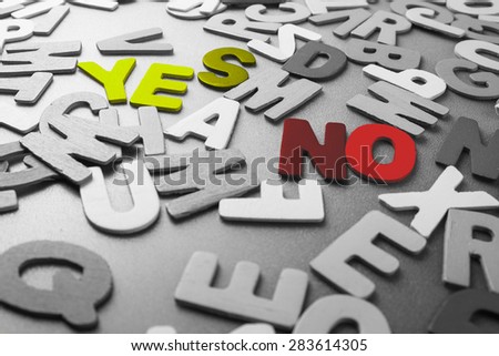 Color Yes and No word in scattered black and white wood letters