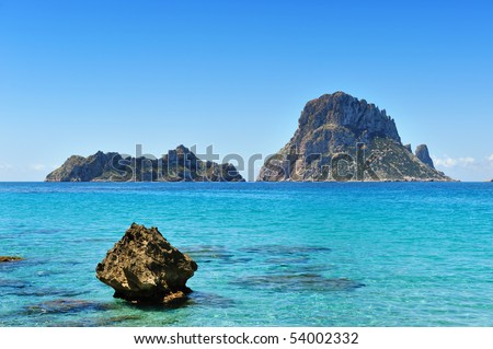 The islands and turquoise waters Es Vedra Cala d\'Hort Ibiza Spain