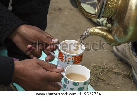 Ladhaki woman serving tea with milk, Ladakh, India